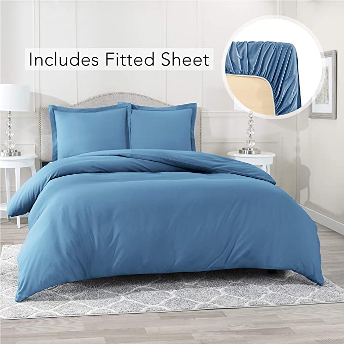 Nestl Bedding Duvet Cover with Fitted Sheet 3 Piece Set - Soft Double Brushed Microfiber Hotel Collection - Comforter Cover with Button Closure, Fitted Sheet, 1 Pillow Sham, Twin - Blue Heaven