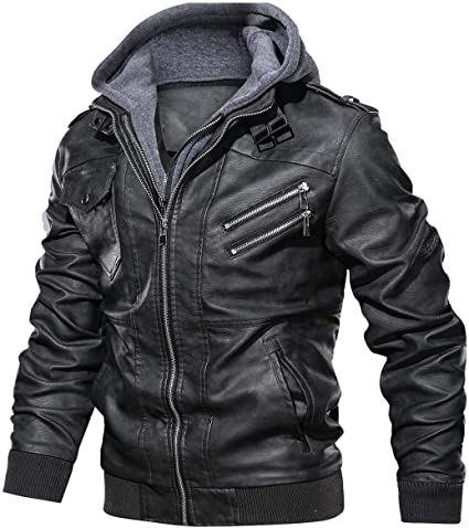 CARWORNIC Men's Faux Leather Jacket Casual Brown Motorcycle Jacket with Removable Hood