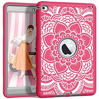 iPad mini 4 Case A1538/A1550, Hocase Rugged Hybrid Double Layer Shockproof Protective Hard Rubber Case for Apple iPad mini 4 Retina - Hot Pink Flower / Grey