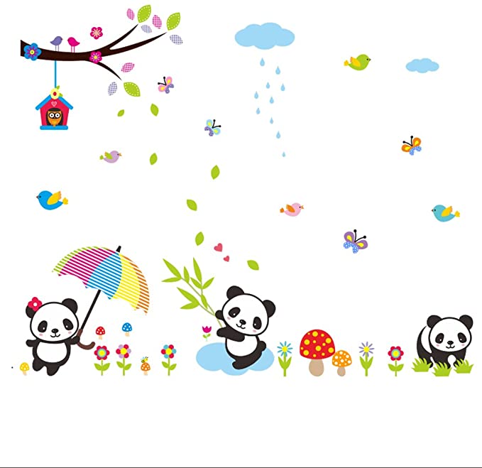 AWAKINK Lovely Panda Birds Flowers and Bamboo Wall Stickers Removable Wall Vinly Decal Decor for Girls and Boys Nursery Room Children's Bedroom