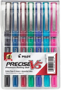 Pilot Precise V5 Stick Rolling Ball Pens, Extra Fine Point, Assorted Colors, 7-Pack (26015)