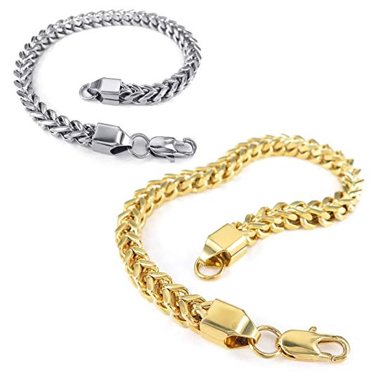 Konov Jewelry Stainless Steel Mens Bracelet, 2pcs Classic Box Chain, Gold Silver, with Gift Bag, C25288