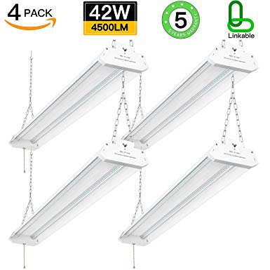 MAXvolador LED Shop Lights for Garage, 4FT Linkable 42W 4500LM 5000K Daylight White, LED Utility Fixture with Plug, LED Workbench Ceiling Lamp, With Pull Chain (ON/OFF), 4 Pack