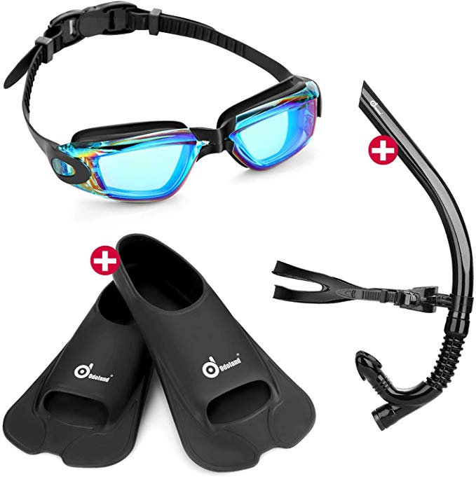 Odoland Swimming Goggles with Swim Snorkel and Swim Fins, 3-in-1 Swimmer Training Diving Snorkel Set for Adult and Youth