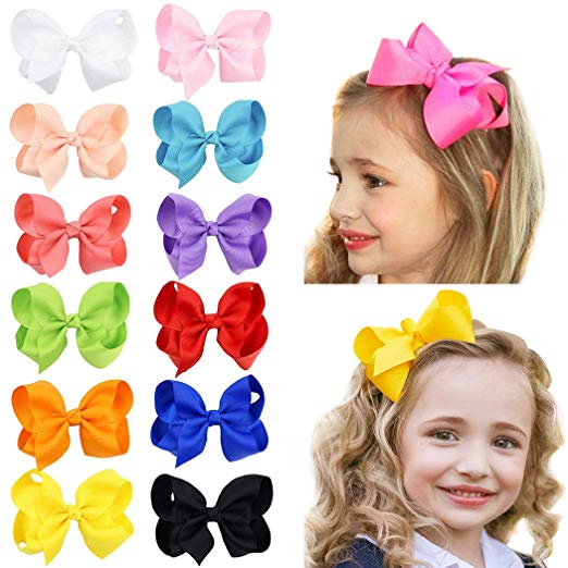 HLIN 12 Pcs 4.5 inch Grosgrain Ribbon Boutique Hair Bows Alligator Clips Hand Made for Baby Girls Toddlers Kids