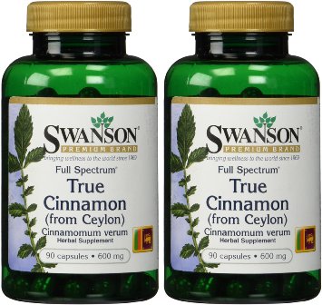 Swanson Premium Brand True Cinnamon 600mg -- 2 Bottles each of 90 Capsules