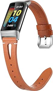 Wearlizer Compatible with Fitbit Charge 6 Bands/Charge 5 Bands for Women Men, Slim Leather Band Thin Watch Replacement Strap Wristband Accessories for Charge 5 6 Band, Brown