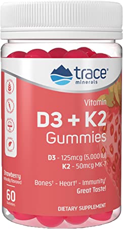 Trace Minerals | Vitamin D3   K2 Gummies | 5,000 IU D3   50 mcg K2 | Maintain a Healthy Heart, Bones and Immunity | Vegan, Sugar Free, Gluten Free, Natural Strawberry Flavor | 60 Servings