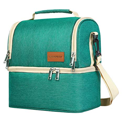 Insulated Lunch Bag, Dual Compartment Lunch Tote Box Leak-proof Bento Organizer, Double Deck Cooler for Men, Women for Office/Picnic/Travel/Camping (Green)