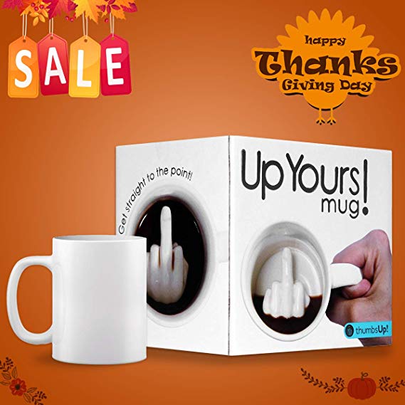 SHENNOSI “Up Yours” Thumbs Up! Middle Finger Ceramic Mug Funny with Hidden Coffee Milk Tea Cup white