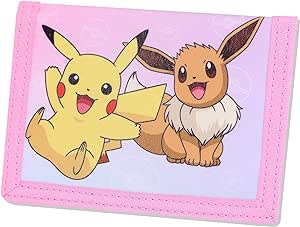 Pokemon Wallet for Girls, Kids Trifold Purse Canvas Velcro Wallets with Zip, Pound Coin and Card Holder - Featuring Eevee & Pikachu, Great Gifts