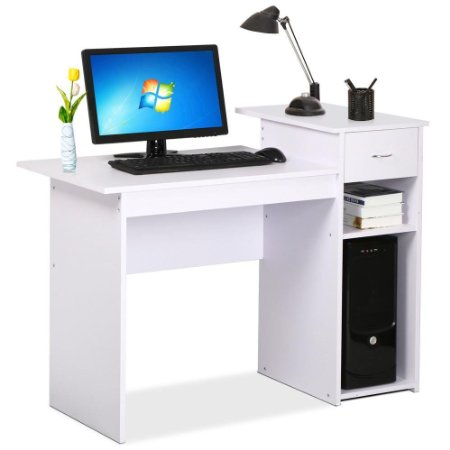go2buy Small Spaces Home Office White Computer Desk with Drawers and 2 Tier Storage Shelves Furniture (White)