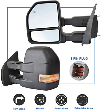 JZSUPER Towing Mirrors for Ford F150 Pickup Truck 2015 2016 2017, Power Heated with Turn Signal - 8 Pin Plug