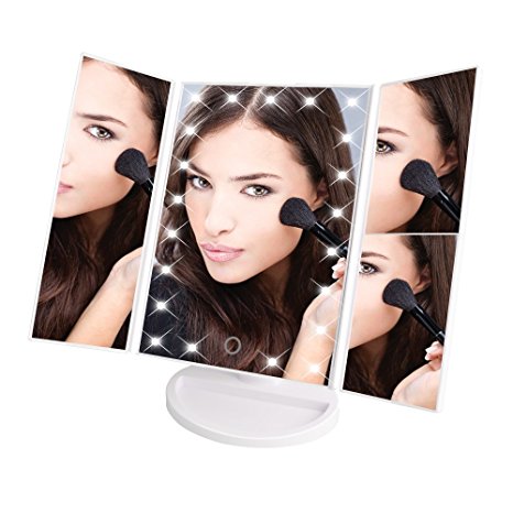 KDKD Makeup Mirror LED Trifold Lighted Vanity Makeup Mirror with 3X/2X/1X Magnification Diammal Touch Screen