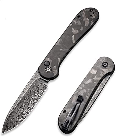 CIVIVI Pocket Folding Knife with Damascus Blade Marble Carbon Fiber Handle, Button Lock Elementum Knife for EDC C2103DS-3