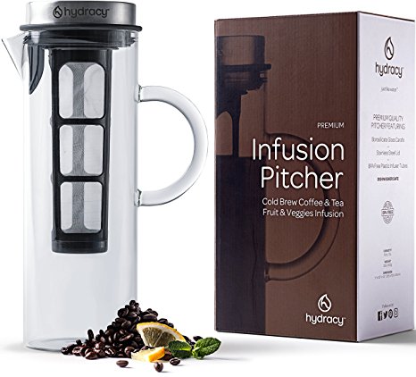 Cold Brew Coffee Maker - Large Glass infusion Pitcher 1500ml - Iced Coffee & Iced Tea Pitcher with Stainless Steel Lid / Fine Mesh Filter - EXTRA Fruit Infusion Tube for more Options at Home