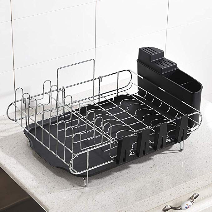 Wtape Professional Steel Rust Proof Large Capacity Dish Drying Rack, Black Plastic Cutlery Holder, Cup Holder and Drainboard