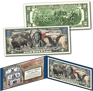 Americana Images Buffalo Bison Black Eagle Native American Chief Uncirculated Two Dollar Bill Special Edition Collectible Display Holder and Certificate