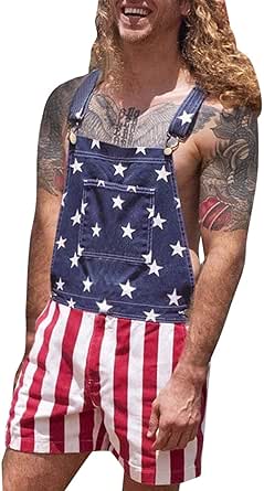 Unisex Patriotic American Flag Print Denim Bib Overall Shorts Jeans Mens Womens One Pie ce Jumpsuit American Overalls