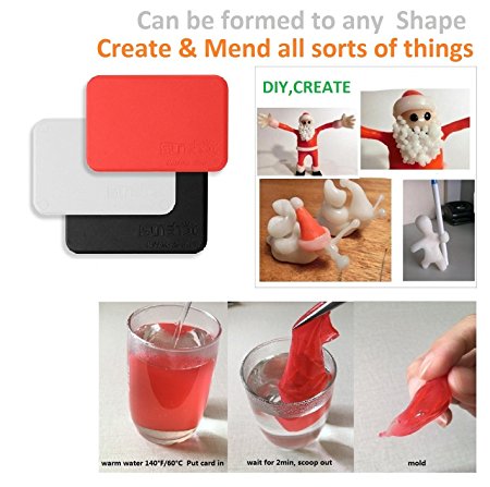 Reusable Moldable Glue Plastic Card, Mend Create or Repair All Sorts of Things Firmly and Durable, Portable and Pocket Size, Form to Any Shape with Warm Water - [3 Pack] Red   Black   White
