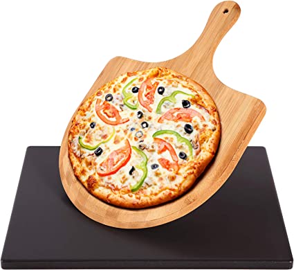 Pizza Stone for Oven and Grill/BBQ, Ohuhu Black Glazed Surface Pizza Grilling Stone with Wooden Pizza Peel Paddle, 15 x 12 Inch Thermal Shock Resistant Baking Stone for Baking Pizza, Bread, Pies, Biscuits