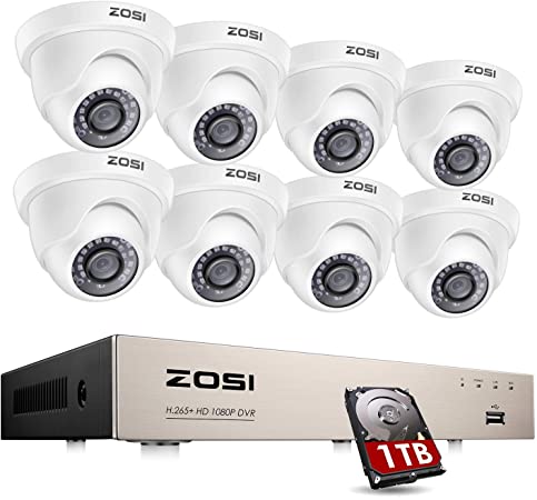 ZOSI 1080P Home CCTV Camera Kit w/1TB Hard Drive, 8CH 1080P CCTV DVR Recorder and (8) HD 2.0MP Weatherproof Security Dome Cameras, Easy Remote