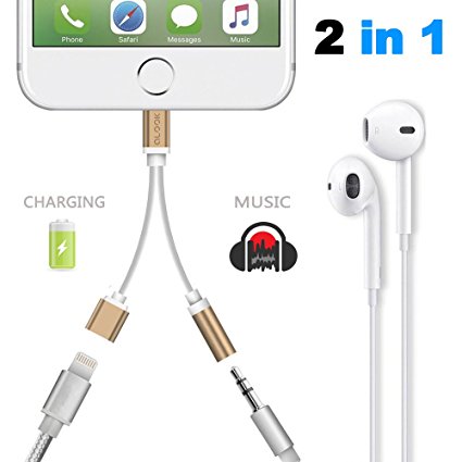2 in 1 Lightning Adapter for iPhone 7/7 plus,ALOOK 3.5mm Earphone Stereo Jack and Lightning Charger Cable [No Music Control] for New iPhone 7/7 plus/6/6s/6 plus/5/5s/5c - Gold