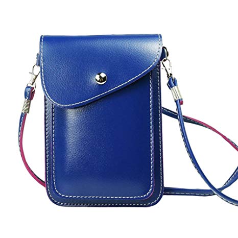 PU Leather 2 Layers Vertical Cellphone Pouch Bag with Shoulder Strap and Magnetic Button for Apple iPhone Samsung Galaxy and Other Smartphone Blue