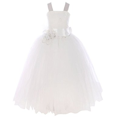 FAYBOX Pageant Wedding Flower Girl Dress Crossed Back Bow Feather Sash Fluffy