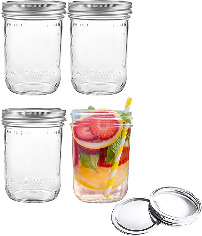 Set of 4 Mason Jars with Lids Wide Mouth Canning Glass Storage Jars for Food Coffee (480ML/16Oz)