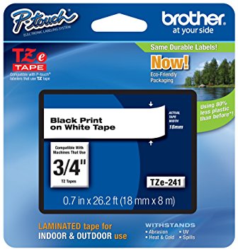 Brother P-touch ~3/4" (0.7") Black on White Standard Laminated Tape - 26.2 ft. (8m)