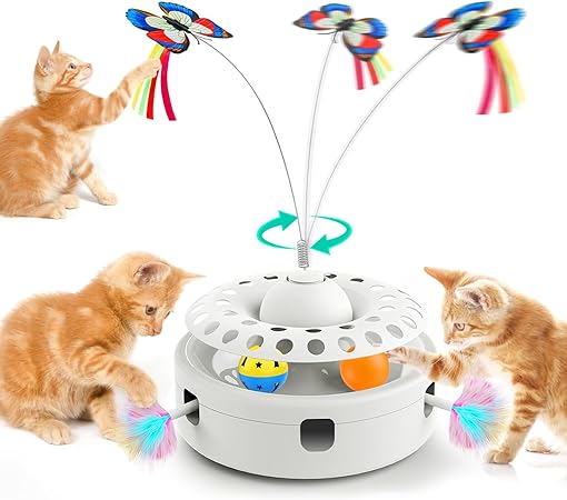 Bidear 3-in-1 Cat Toys for Indoor Cats, Smart Interactive Kitten Toy with 360°Electric Rotating Butterfly,Random Moving Ambush Feather, Cat Toy Track Balls, Cat Interactive Toys