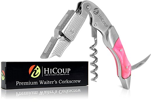 Waiters Corkscrew by HiCoup - Professional Stainless Steel with Flamingo Resin Inlay All-in-one Corkscrew, Bottle Opener and Foil Cutter, the Favoured Wine Opener of Sommeliers, Waiters and Bartenders