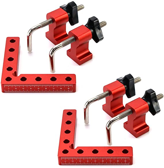 QWORK 90 Degree Positioning Squares Right Angle Clamps Fixing Clamp, 4" x 4"(10 x 10cm), 2 Pack, Aluminum Alloy Woodworking Carpenter Tool for Box Cabinets Drawers Picture Flame