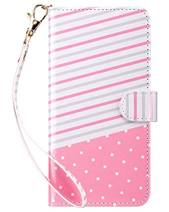 ULAK iPhone 8 Plus Wallet Case, iPhone 7 Plus Case, Flip Folio PU Leather Wallet with Kickstand Card Holder ID Slot Hand Strap Shockproof Cover for iPhone 7 Plus/8 Plus, Pink Stripe