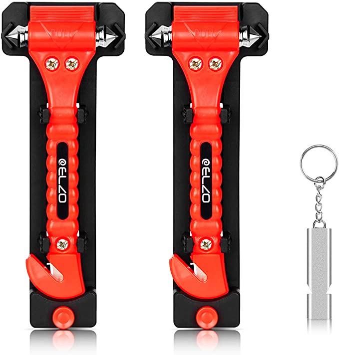 ELZO 2 Pack Car Safety Hammer 2 in 1 Emergency Escape Tool Window Breaker and Seat Belt Cutter Rescue Kit with Survival Whistle