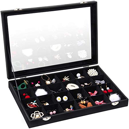 Valdler Velvet Clear Lid Jewelry Tray Showcase Display Storage Box (24 Grid Jewelry Tray)