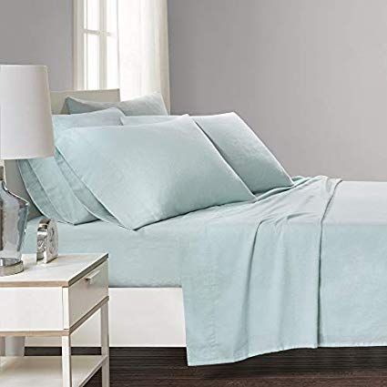 Bed Sheets Set King - Solid Aqua 6 Piece 100% Cotton Flannel Printed Sheet Bedding Set - Includes 1 Flat Sheet, 1 Fitted Sheet, and 4 Pillowcases