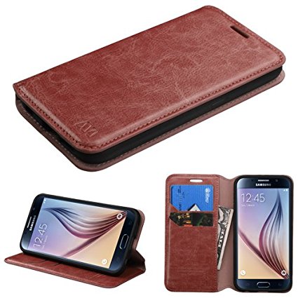 Samsung Galaxy S6 Case - Wydan (TM) Credit Card Leather Wallet Style Case Cover For Samsung Galaxy S6 - Brown w/ Wydan Stylus Pen