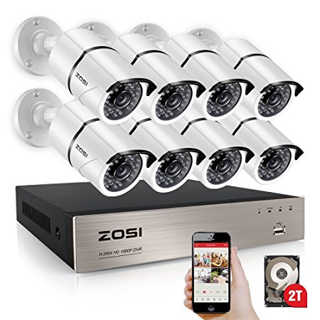 ZOSI 1080P 8CH HD-TVI Security DVR Video System with 8 Weatherproof 1080P HD 1920TVL 2.0MP Surveillance Camera System 2TB Hard Drive White(100ft night vision , Smartphone& PC Easy Remote Access)