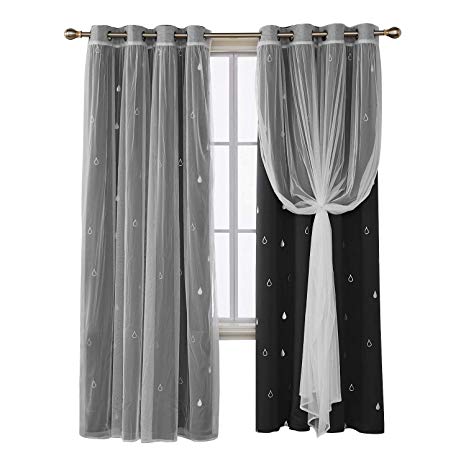Deconovo Mix and Match Curtain Set 2-Piece Silver Raindrop Print Blackout Curtains Sets Black and 2-Piece Tulle White Sheer Curtains for Living Room with Grommet Top, 4 Curtain Panels, 52W x 84L Inch
