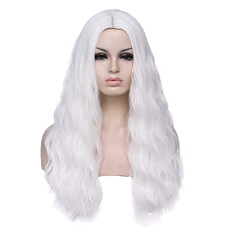 Cying Lin 26" Long Curly Wavy White Wigs Parting Wigs for Women Girl Cosplay Party Halloween Costume Wig Include Wig Cap(A-White)