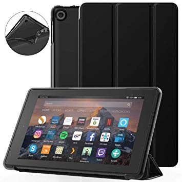 Dadanism All-New Amazon Fire 7 Tablet Case (9th Generation, 2019 Release only), [Flexible TPU Translucent Back Shell] Ultra Slim Lightweight Trifold Stand Cover with Auto Sleep/Wake - Black