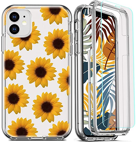 DecaStars for iPhone 11 Case, Clear Phone Case with [2 x Tempered Glass Screen Protector] Shockproof 360 Full Body Hard PC Soft Silicone TPU 3in1 Military Standard Protective Cover #3 Floral Sunflower