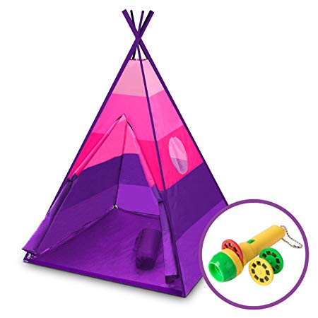 USA Toyz Kids Teepee Tent - “Happy Hut” Indoor Outdoor Teepee Tent for Kids w/ Safari Projector Light   EZ Pack Play Tent Tote for Kids Tent Travel (Pink)