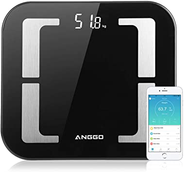 Body Fat Scale, ANGGO Smart Wireless Digital Body Weight Scale LCD Display, Bathroom BMI Scale with Smartphone App, Body Composition Analyzer, Health Monitor 400 lbs - Black