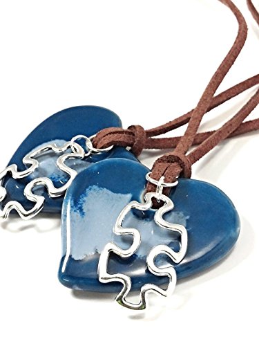 Autism Necklace Blue Ceramic Heart Puzzle Piece Necklace Women's Jewelry Gifts For Autism Mom Grandma And Teacher Charm Pendant .