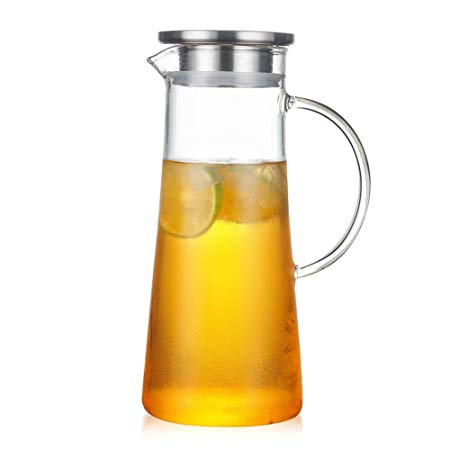 Glass Water Pitcher with Lid, Hot/Iced Tea Pitcher, Coffee/Water Jug and Juice Beverage Carafe by Whale Life, with Bonus Sponge Brush (50 Ounce, 1.5 Liter)
