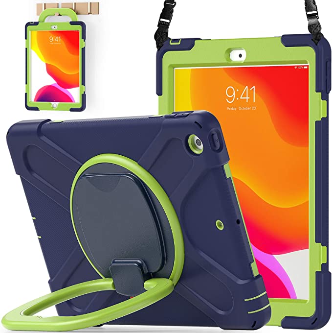 BATYUE iPad 9th/ 8th/ 7th Generation Case (iPad 10.2 inch Rugged Case 2021/2020/2019) with Screen Protector, Rotating Stand/Pencil Holder/Carrying Shoulder Strap (Navy Blue Lime)