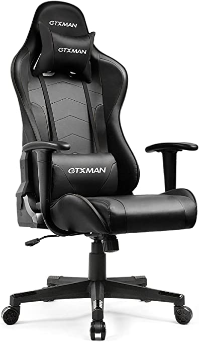 GTXMAN Gaming Chair, Ergonomic Racing Style Office Chair, High Back Height Adjustable Computer Chair, Swivel Leather Task Chair with Headrest and Lumbar Support (Black)